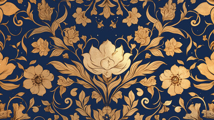 Wall Mural - The image is a detailed, decorative floral pattern with gold-colored flowers and leaves against a deep blue background