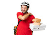 © luismolinero - Young handsome caucasian man with thermal backpack and holding takeaway food over isolated background suffering from pain in shoulder for having made an effort