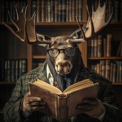 Leinwandbilder - Moose wears reading glasses while enjoying a book in a classic vintage library setting full of bookshelves. Generative AI