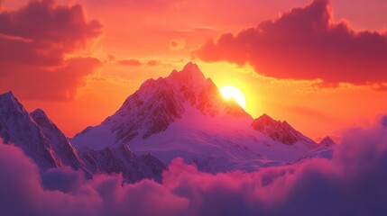 Aufkleber - Majestic mountain peaks illuminated by vibrant sunrise colors over serene valleys and clouds. Generative AI