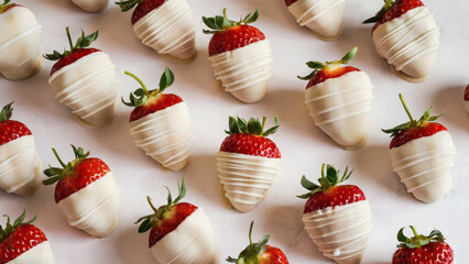 Wall Mural - Valentine's Day, strawberries dipped in smooth, white chocolate with a matte, velvety finish, spaced generously apart in an artful, unstructured arrangement across an ivory-tinged white background