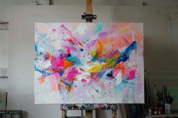 Aufkleber - Bright and colorful abstract painting on a canvas surrounded by art supplies in a cozy studio setting