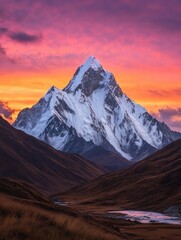 Aufkleber - Majestic mountain peaks illuminated by vibrant sunrise over serene valley landscape. Generative AI