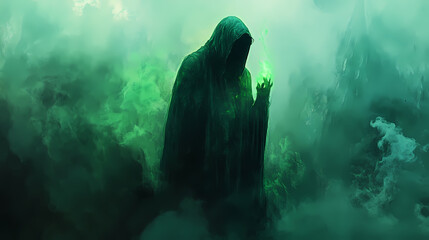 Wall Mural - A mysterious hooded figure conjures green mist, creating an eerie atmosphere full of magic and intrigue. Moonspire. Illustration