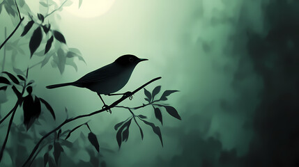 Wall Mural - A louisiana waterthrush's striking silhouette dominates the frame, set against muted greens and blues, as foggy mist and soft light conspire to create an air of mystery. Moonspire. Illustration