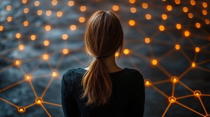 Woman facing glowing network connection.