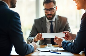 Business people offer lawyer blank document in corporate setting. Lawyer declining bribe. Anti-corruption concept shown in photo. Business meeting in modern office. People in business suits. Honest