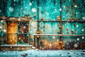 Wall Mural - Urban Exploration Photography: Turquoise Snowflakes Background - Winter Cityscape