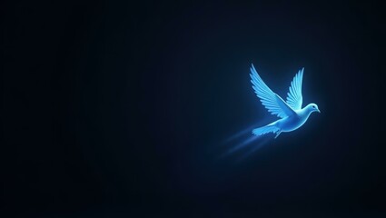 Electric blue peace dove on left. Blue glowing dove bird flying dark b