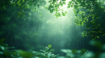 Rain falling through forest canopy, sunlight, nature background