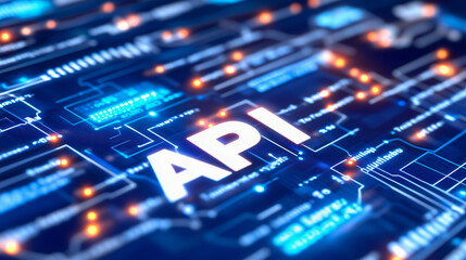 A blue background with a network of dots and a word that says API