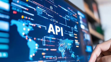 A blue background with a network of dots and a word that says API