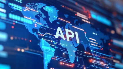 A blue background with a network of dots and a word that says API