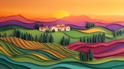 Poster - picturesque vineyard at sunset with rolli paper art 3d background 