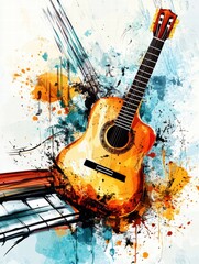 Poster - Creative explosion of musical instruments with guitars and piano notes capturing artistic energy and inspiration in a colorful array. Generative AI
