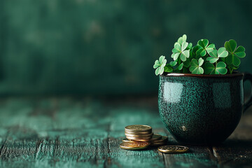 Celebrate St Patrick's Day with a pot of clovers and gold coins, symbolizing luck and prosperity