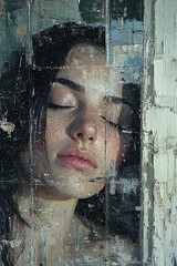 Wall Mural - Closeup portrait of a young woman with eyes closed, appearing to sleep or rest, seen through a textured, paint-like windowpane.