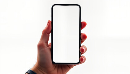 Person holding modern smartphone with blank screen. Hand holds device for global business website design mockup. Empty screen for displaying info graphic. Isolated on white background. Image suitable