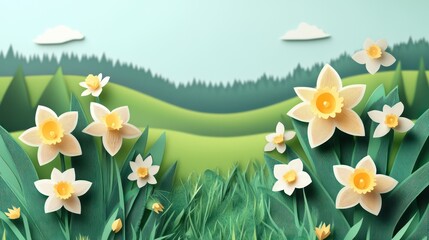 Sticker - A springtime meadow with blooming daffodils paper art 3d background 