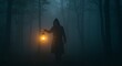 © Kenny - A mysterious figure walking through a foggy forest, holding a lantern emitting a soft golden glow