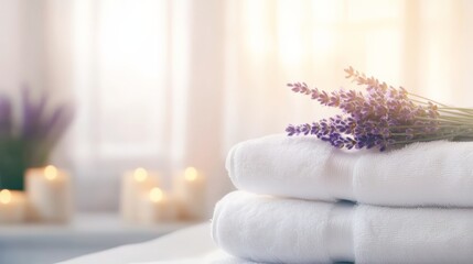Poster - Soft white towels stacked neatly with fragrant lavender creating a serene atmosphere, perfect for a luxurious spa experience with warm candlelight in the background