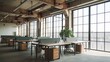 © Tom - Bright and spacious modern office interior with large windows, minimalist design, and stylish workstations.