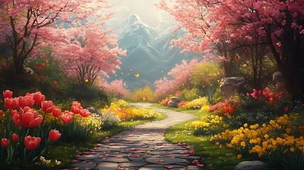 Wall Mural - Spring path, cherry blossoms, mountain view, floral garden, fantasy art