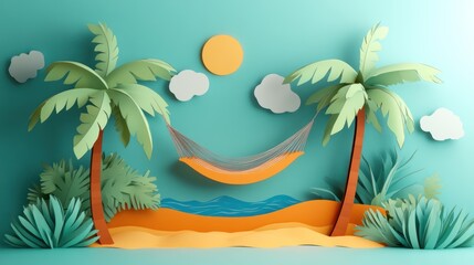 Wall Mural - A tropical island with palm trees and a paper art 3d background 