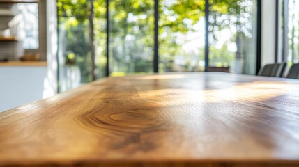 Poster - Sunlight illuminating an empty wooden table surface in a modern kitchen with blurred green trees in the background, creating a warm and inviting atmosphere