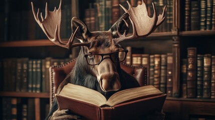 Poster - Moose reading a book in vintage library while wearing reading glasses with bookshelves in the background. Generative AI
