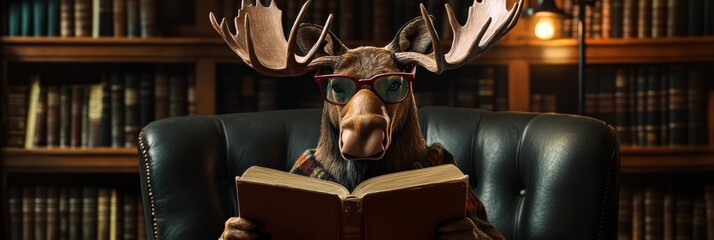 Poster - Moose reading in glasses while enjoying a book in a vintage library filled with classic literature. Generative AI