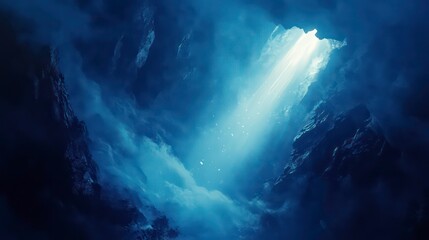 Aufkleber - Light beam penetrates dark, cavernous cloudscape; ethereal, mystical scene.