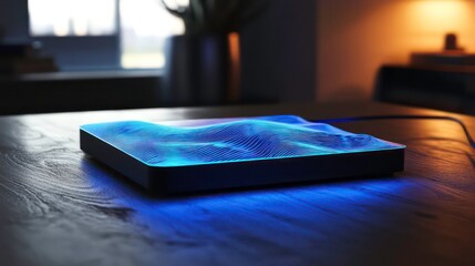 Leinwandbilder - Illuminated digital landscape model on wooden table.