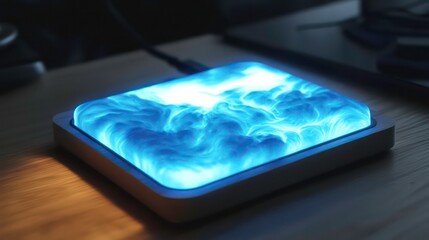 Poster - Illuminated resin artwork on a wooden surface, resembling abstract clouds or waves.