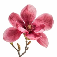 Wall Mural - Pink magnolia flower blooming on a branch with visible veins on its petals against a white background