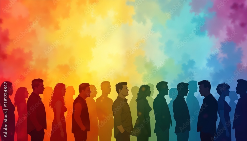 Diverse group stands in line. Silhouettes of people of different genders, ethnic backgrounds. Rainbow colored abstract background. Represents unity, diversity. Suitable for human rights day