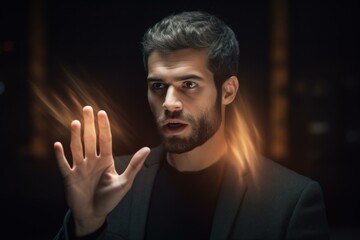 Wall Mural - businessman interacting with a futuristic hologram interface, experiencing augmented reality in a da