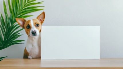 Poster - Small jack russell dog is hiding behind a blank white board placed on wooden table, with palm tree leaves in the background, creating a perfect setting for advertisement or presentation