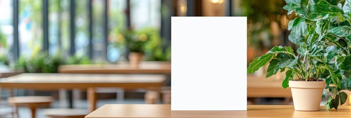 Fototapete - White blank standing sign on wooden table with potted plant in blurred modern cafe restaurant background showing tables, chairs and large windows, perfect for mockups