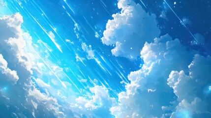 Wall Mural - Bright blue sky with fluffy white clouds and shooting stars.