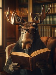 Poster - Moose wearing reading glasses enjoys a book in a cozy vintage library setting filled with shelves. Generative AI