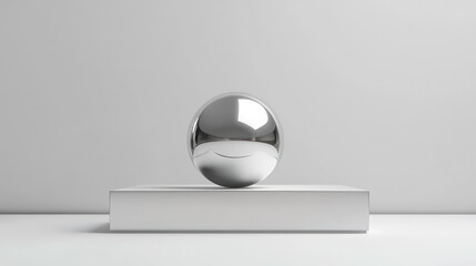 Poster - A chrome sphere rests on a white cube against a minimalist white background.