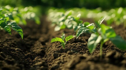 Aufkleber - Young potato plants growing in rows in dark soil, illuminated by sunlight.