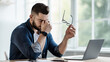 © Prostock-studio - Tired freelancer works at home. Frustrated young man in shirt, with laptop at remote job, takes off glasses, rubs eyes, suffering from dryness and overwork, sits at computer in living room interior