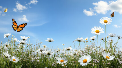 Sticker - vibrant wildflower meadow with butterflies under bright blue sky