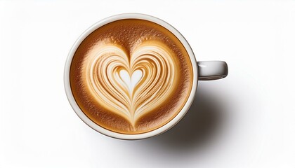 top view of a cup of cappuccino with heart shaped latte art isolated on transparent or white background generative ai