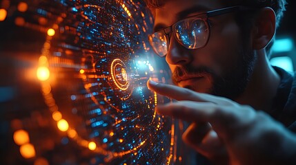 Programmer interacts with futuristic interface, dark lab background, software development