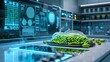 © Alpha - A modern kitchen counter featuring green beans packed in a vacuum-sealed plastic bag, surrounded by holographic displays of storage statistics, sci-fi style, glowing blue accents, 3D render