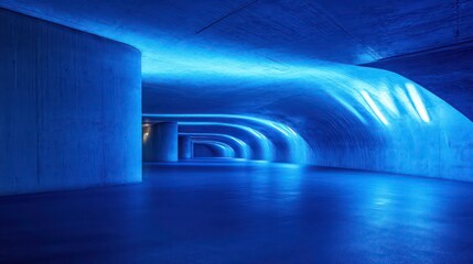 Poster - Abstract blue-lit concrete tunnel interior.