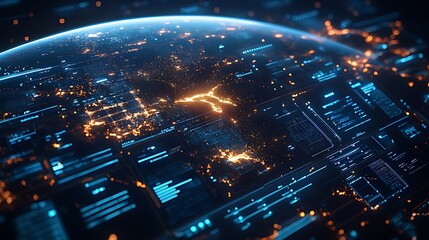 Global network data streams flow over Earth at night